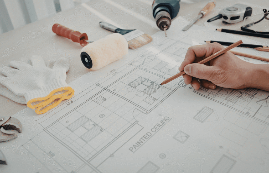 Homeowners meeting with a renovation contractor to plan a full home renovation project, reviewing layouts and design ideas.