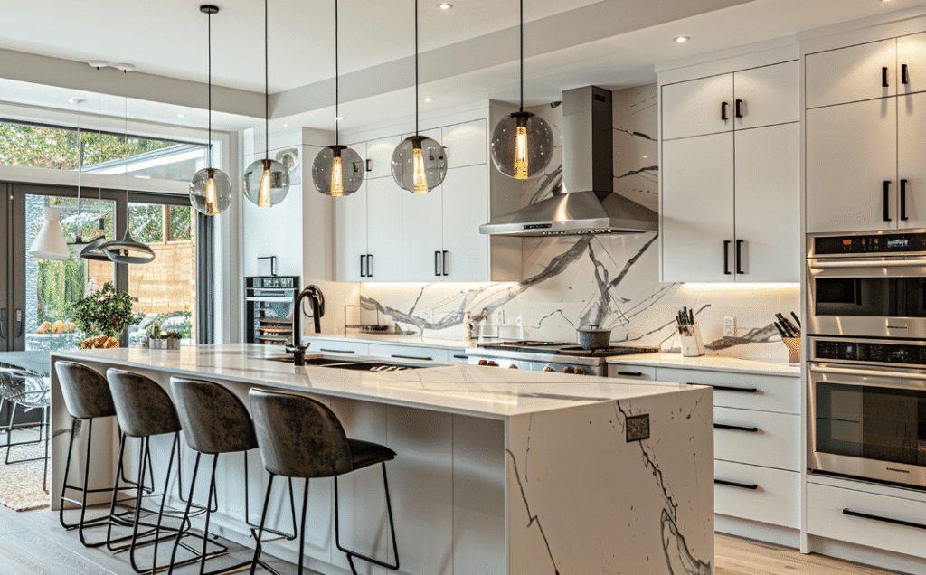 Modern kitchen after a full remodel featuring new cabinets, countertops, and open layout design