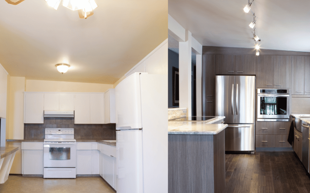 Kitchen being compared from old to new