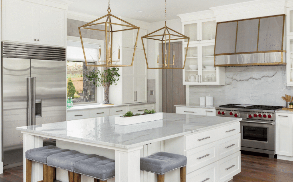 Large kitchen island with marble countertops
